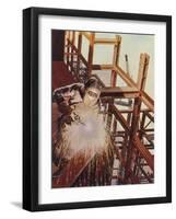 Welder Uses an Electric Arc- Welding Tool to Join the Metal Parts of a Steel Structure-null-Framed Photographic Print