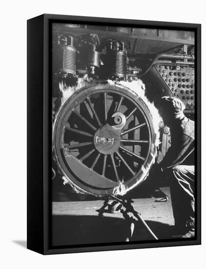 Welder with an Acetylene Torch Cutting Through Some of the Old Tubes in a Modern Locomotive-Thomas D^ Mcavoy-Framed Stretched Canvas