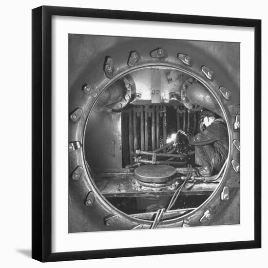 Welder with an Acetylene Torch Cutting Through Some of the Old Tubes in a Modern Locomotive-Thomas D^ Mcavoy-Framed Premium Photographic Print