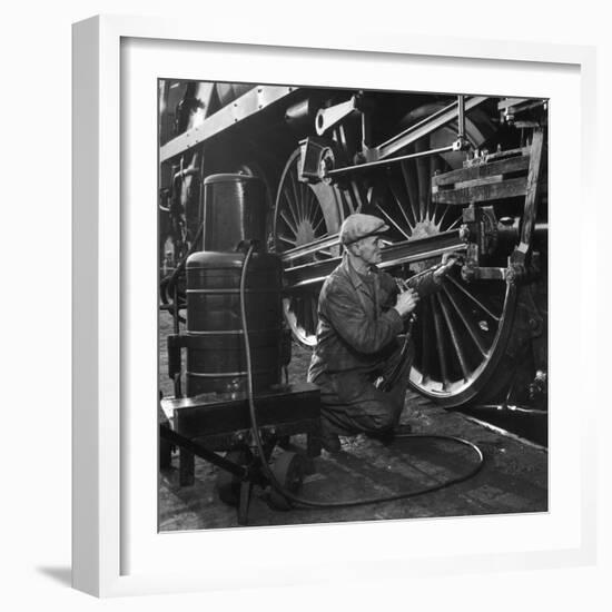 Welder Working on a Steam Engine Piston-Heinz Zinram-Framed Photographic Print