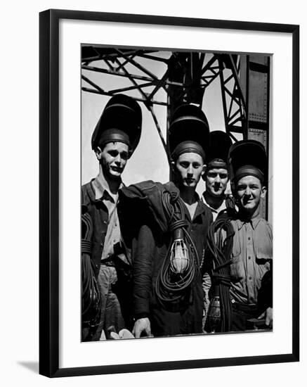 Welders Arriving to Work Night Shift at Shipbuilding Yard; Roosevelt's Decree of a 7 Day Work Week-George Strock-Framed Photographic Print