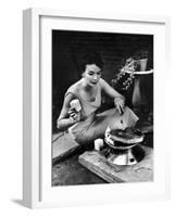 Well-Dressed Woman Cooking a Large Steak on the Aluminum Disposable Barbecue Grill-Peter Stackpole-Framed Photographic Print