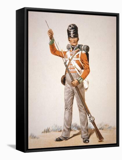 Wellington's Army: Soldier of the 69th Foot Loading His 'Brown Bess' Musket in 1815 (Colour Litho)-English-Framed Stretched Canvas