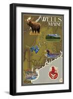 Wells, Maine - Map and Icons-Lantern Press-Framed Art Print