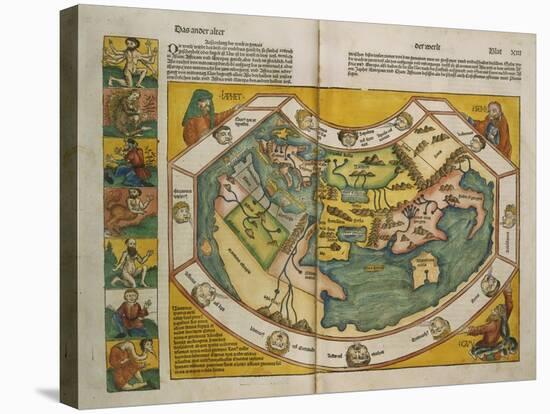 Weltkarte mit den Erdteilen Europa, Asien und Afrika. Aus: Liber Chronicarum-Hartmann Schedel-Stretched Canvas