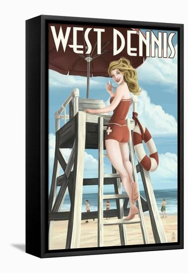 West Dennis, Massachusetts - Lifeguard Pinup Girl-Lantern Press-Framed Stretched Canvas
