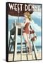 West Dennis, Massachusetts - Lifeguard Pinup Girl-Lantern Press-Framed Stretched Canvas