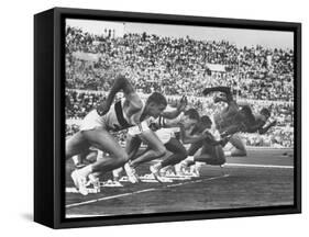 West Germany's Armin Harry, Winner of Men's 100 Meter Dash at Start of Event in Summer Olympics-George Silk-Framed Stretched Canvas