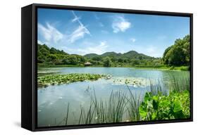 West Lake Landscape with Green Hills, Lake and Blue Sky, Hangzhou, Zhejiang, China-Andreas Brandl-Framed Stretched Canvas