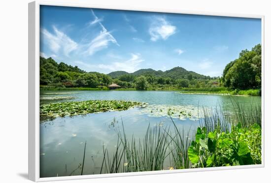 West Lake Landscape with Green Hills, Lake and Blue Sky, Hangzhou, Zhejiang, China-Andreas Brandl-Framed Photographic Print