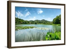 West Lake Landscape with Green Hills, Lake and Blue Sky, Hangzhou, Zhejiang, China-Andreas Brandl-Framed Photographic Print