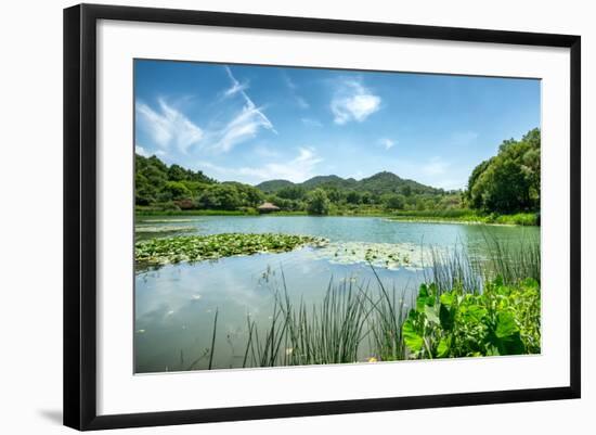 West Lake Landscape with Green Hills, Lake and Blue Sky, Hangzhou, Zhejiang, China-Andreas Brandl-Framed Photographic Print