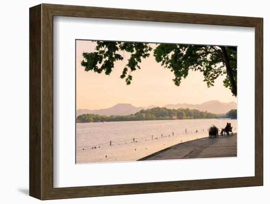 West Lake Shore with Hilly Landscape and Silhouettes, Hangzhou, Zhejiang, China, Asia-Andreas Brandl-Framed Photographic Print