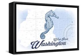 West Port, Washington - Seahorse - Blue - Coastal Icon-Lantern Press-Framed Stretched Canvas