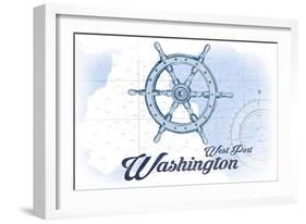 West Port, Washington - Ship Wheel - Blue - Coastal Icon-Lantern Press-Framed Art Print