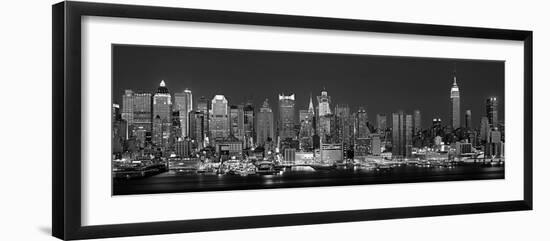 West Side Skyline at Night in Black and White, New York, USA-null-Framed Premium Photographic Print
