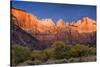 West Temple, Altar of Sacrifice, and Sundial at Sunrise, Zion NP, Utah-Howie Garber-Stretched Canvas