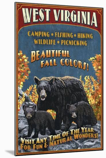 West Virginia - Black Bear Family-Lantern Press-Mounted Art Print