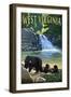 West Virginia - Waterfall and Bears-Lantern Press-Framed Art Print