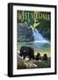 West Virginia - Waterfall and Bears-Lantern Press-Framed Art Print