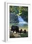 West Virginia - Waterfall and Bears-Lantern Press-Framed Art Print