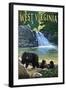 West Virginia - Waterfall and Bears-Lantern Press-Framed Art Print