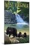 West Virginia - Waterfall and Bears-Lantern Press-Mounted Art Print