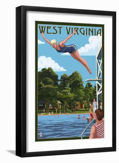 West Virginia - Woman Diving and Lake-Lantern Press-Framed Art Print