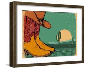 Western Background With Cowboy Shoes And Desert Landscape On Old Paper-GeraKTV-Framed Art Print