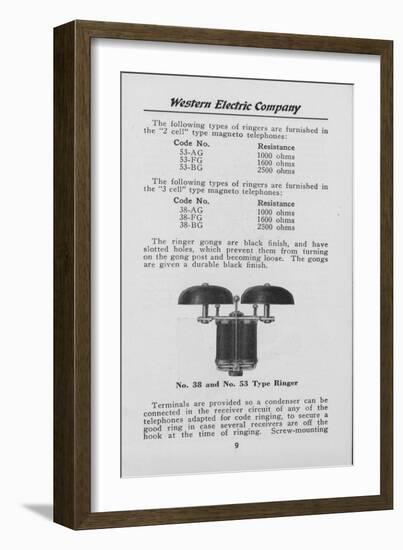 Western Electric Company's Model Numbers 38 and 53 Type Ringer for a Telephone-null-Framed Giclee Print