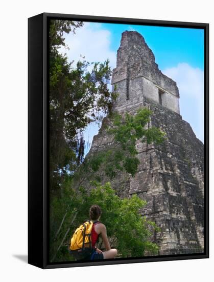 Western Traveler with Temple I, Tikal Ruins, Guatemala-Keren Su-Framed Stretched Canvas