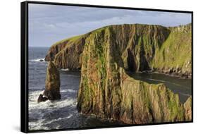 Westerwick, dramatic coastal views, red granite sea cliffs and stacks, Scotland-Eleanor Scriven-Framed Stretched Canvas