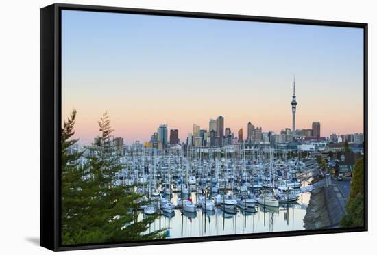 Westhaven Marina and City Skyline Illuminated at Sunset-Doug Pearson-Framed Stretched Canvas