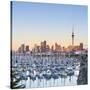 Westhaven Marina and City Skyline Illuminated at Sunset-Doug Pearson-Stretched Canvas