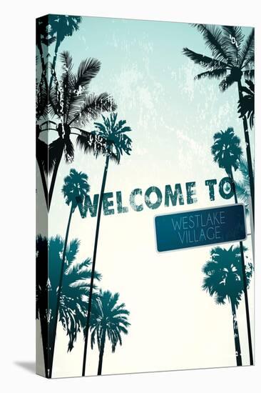 Westlake Village, California - Street Sign and Palms-Lantern Press-Stretched Canvas