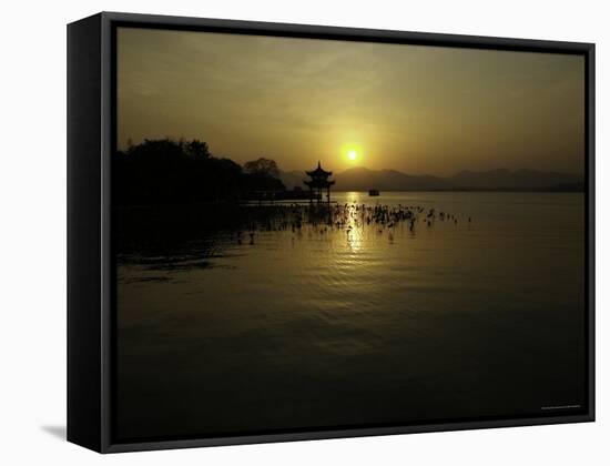 Westlake with Chineese Pavillon During Sunset, China-Ryan Ross-Framed Stretched Canvas