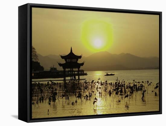 Westlake with Chineese Pavillon During Sunset, China-Ryan Ross-Framed Stretched Canvas