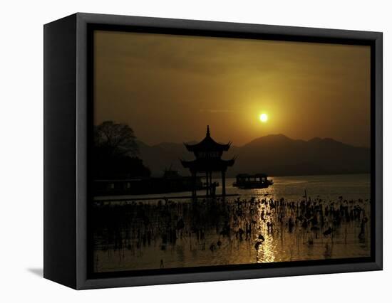 Westlake with Chineese Pavillon During Sunset, China-Ryan Ross-Framed Stretched Canvas