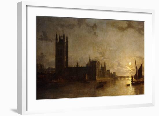 Westminster Abbey, the Houses of Parliament with the Construction of Westminster Bridge, 1859-Henry Pether-Framed Giclee Print