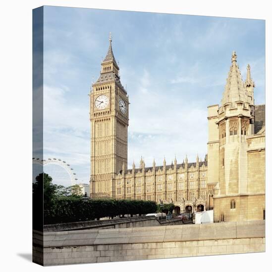 Westminster and Big Ben with Millennium Wheel in the background-null-Stretched Canvas