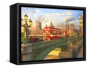 Westminster Bridge Buses-Dominic Davison-Framed Stretched Canvas