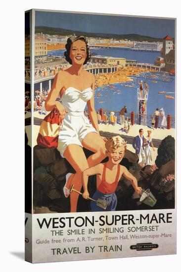 Weston-super-Mare, England - Mother & Son on Beach Railway Poster-Lantern Press-Stretched Canvas