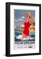 Weston-Super-Mare, the Smile in Smiling Somerset, Girl in Red, Pier in Background-null-Framed Art Print