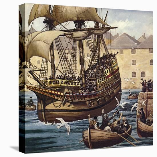 Westward Ho! the Mayflower Leaves Plymouth Ho on 16 September 1620-Mike White-Stretched Canvas