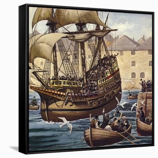 Westward Ho! the Mayflower Leaves Plymouth Ho on 16 September 1620-Mike White-Framed Stretched Canvas