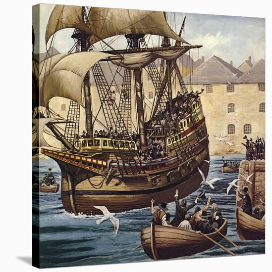 Westward Ho! the Mayflower Leaves Plymouth Ho on 16 September 1620-Mike White-Stretched Canvas