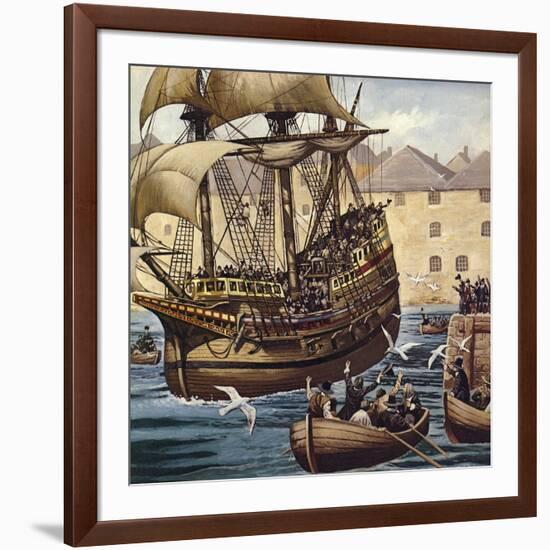 Westward Ho! the Mayflower Leaves Plymouth Ho on 16 September 1620-Mike White-Framed Giclee Print