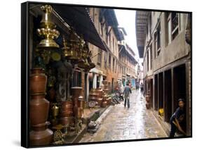 Wet Back Street Scene in Bhaktapur Town, Kathmandu, Nepal-Bill Bachmann-Framed Stretched Canvas