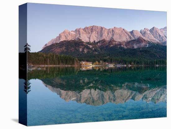 Wetterstein Mountains, Zugspitze Mountain Reflecting in Lake Eibsee, Bavaria-null-Stretched Canvas