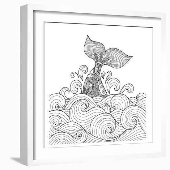 Whale Tail in the Wavy Ocean Lines Art for Adult Coloring Book,Sign, Logo, T-Shirt, Card and Design-Bimbim-Framed Art Print